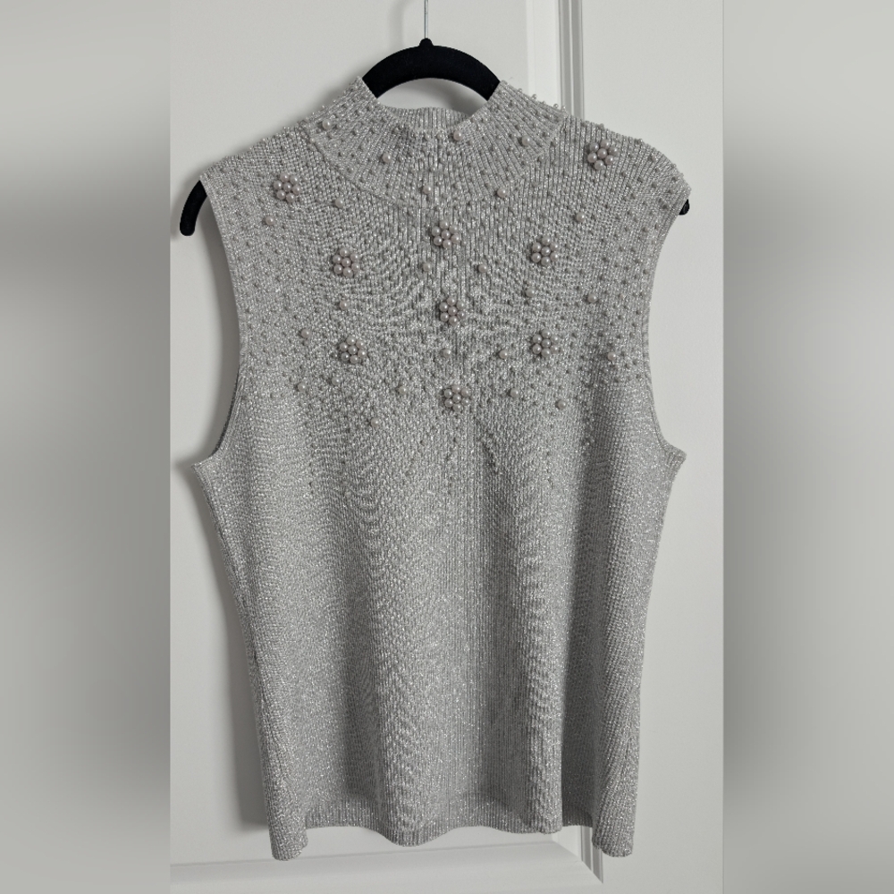 evie Silk Blend Grey & Silver Faux Pearl Mock Neck Blouse